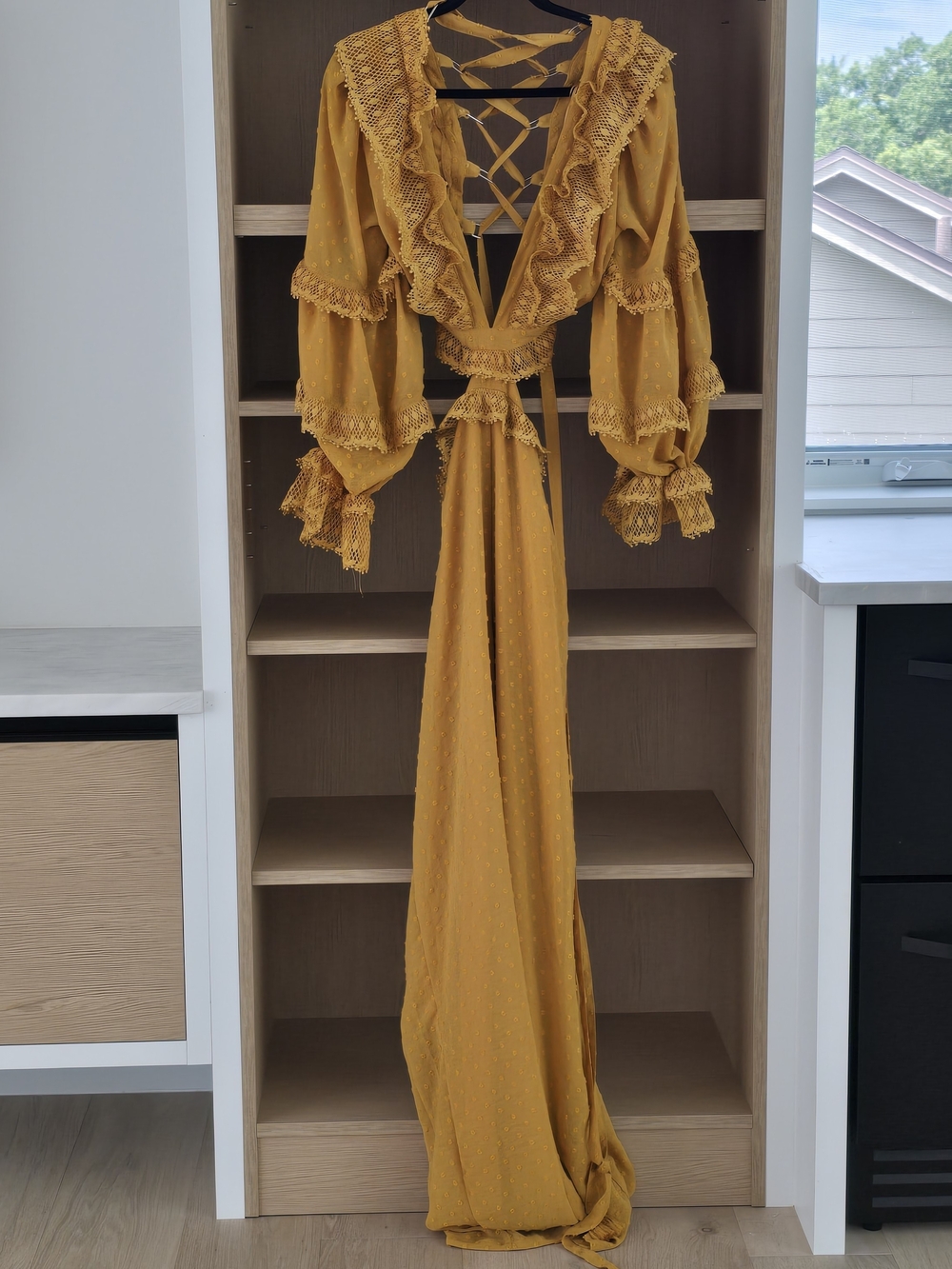 Boho Bohemian NEW Mustard Yellow Lace-Trim Wide Leg Jumpsuit Long Sleeve Size M